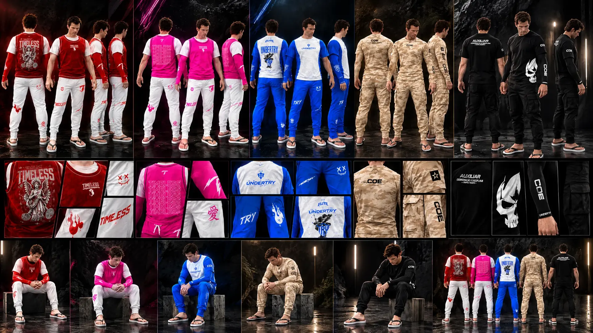 Coleção de uniformes personalizados em cinco modelos, com camiseta, calça e estampas exclusivas